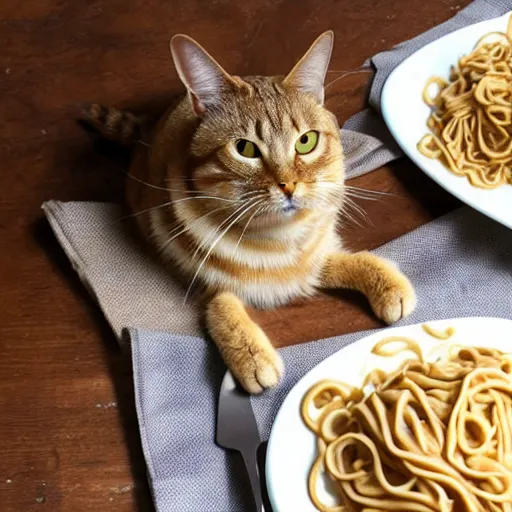 Prompt: peanut butter and noodles on toast fat tabby cat watching over the peanut butter and noodles on toast gourmet