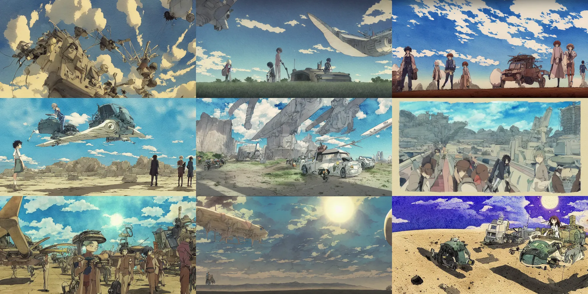 Prompt: anime movie screenshot, paper texture, ( ( simple watercolor ) ) by tatsuyuki tanaka, vanishing point,, by ghibli!!! nausicaa!!, desert!!!, rim light, long shadows, bright, scenic, miyazaki, vibrant, motion, airship, flying beetles