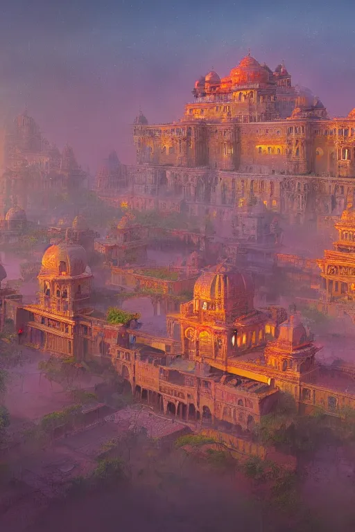 Image similar to old indian city with a breathtaking view of a magnificent maharajah palace at pink dawn, intricate, elegant, volumetric lighting, digital painting, highly detailed, artstation, sharp focus, illustration, concept art, ruan jia, steve mccurry