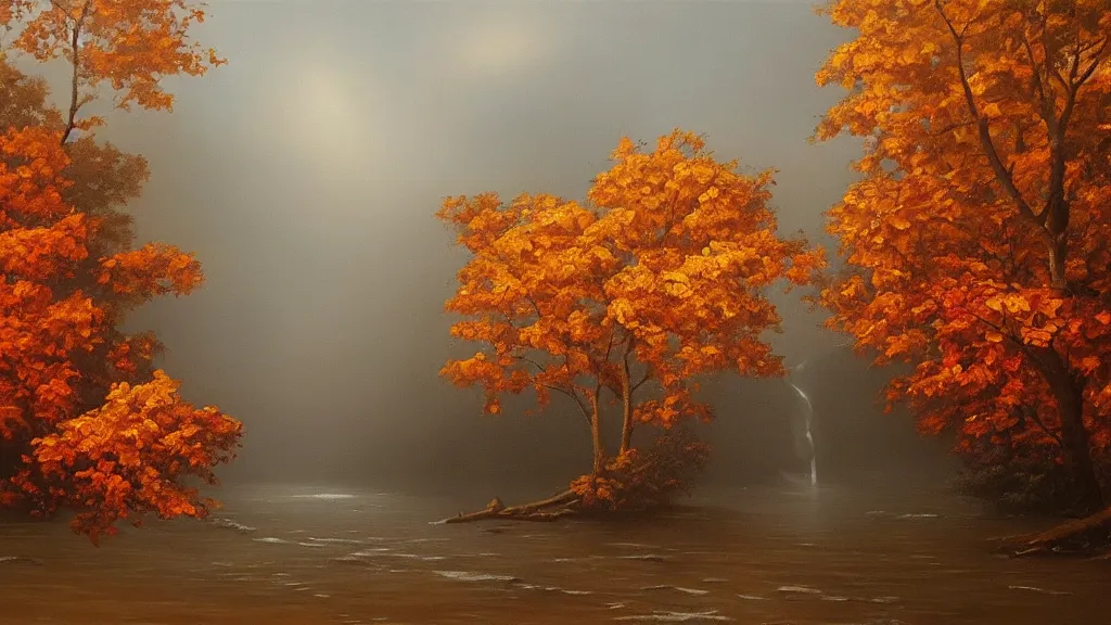 Image similar to A beautiful oil painting of a single tree, the tree is in the rule of thirds, a person is under the tree reading a book, the fall has arrived and the leafs started to become golden and red, the river is flowing its way, the river has lots of dark grey rocks, oil painting by Greg Rutkowski