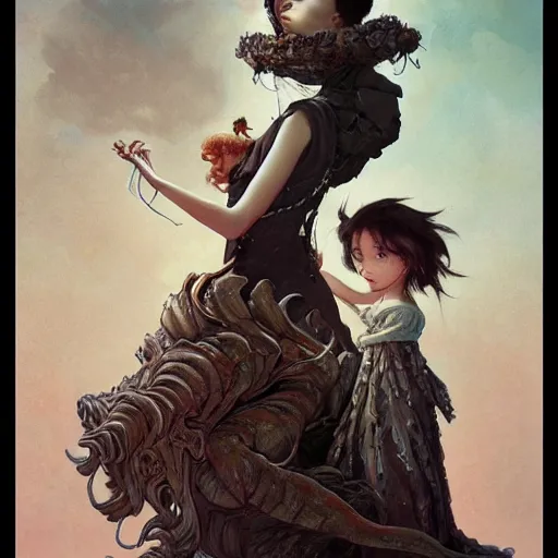 Prompt: a victorian monster standing over a sleeping child, illustrated by miyazaki by karol bak, james jean, tom bagshaw, rococo, sharp focus, trending on artstation, cinematic lighting