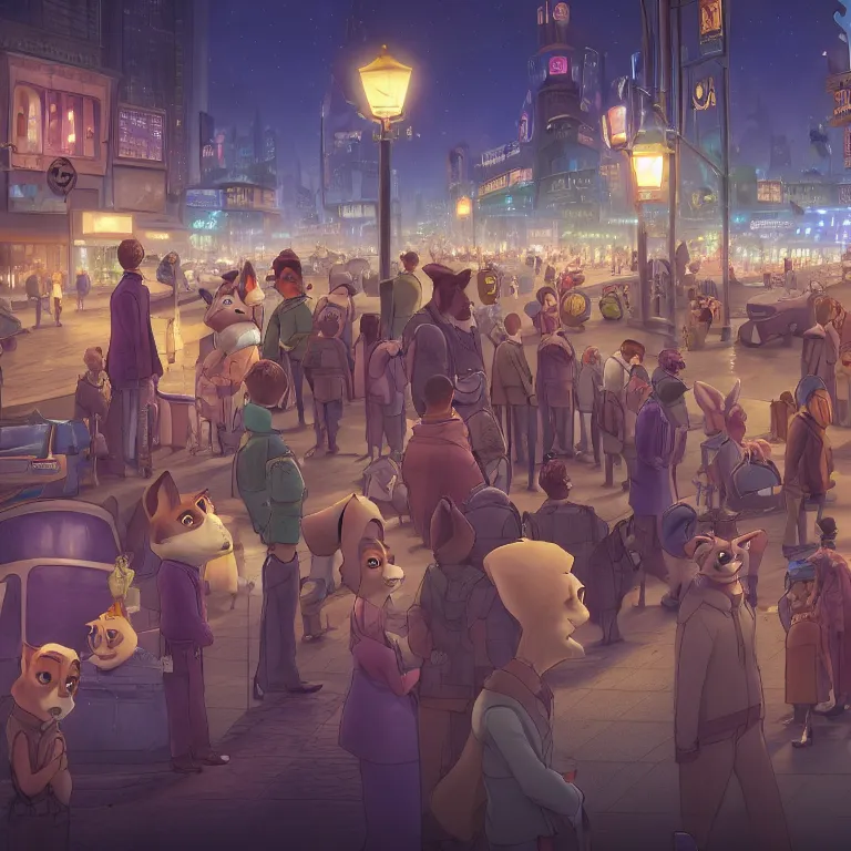 Image similar to few people waiting in a bus stop in dark city night, detailed, high quality, high resolution, screenshot from Zootopia