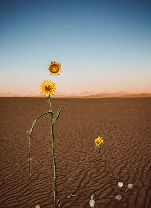 Prompt: an endless desert, only one sunflower in the middle of the desert, a moon in the sky