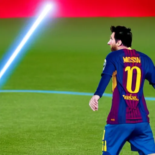 Prompt: a picture of messi shooting a laser beam