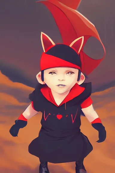 Image similar to little boy with cat ears in an black outfit with red cape. digital artwork made by lois van baarle and james jean and marc simonetti, sharpness focus, inspired by hirohiko araki, anatomically correct, heroic composition, hero pose, smooth