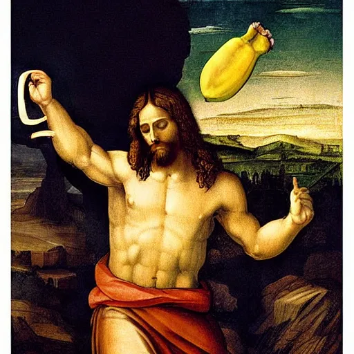 Image similar to jesus lifting a banana up into the air, digital art, emotional and powerful pose, by leonardo da vinci