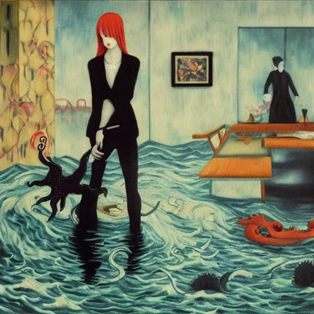 Image similar to tall female emo artist holding an octopus in a flooded cafe, octopus, water gushing from ceiling, painting of flood waters inside a cafe, a river flooding indoors, pomegranates, pigs, ikebana, water, octopus, river, rapids, waterfall, black swans, canoe, berries, acrylic on canvas, surrealist, by magritte and monet