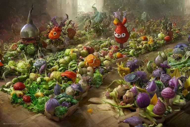 Prompt: miniature vegetable creatures parade. the floor is a cutting board. kitchen environment. digital art, realistic, pixar style, highly detailed, cinematic, matte painting, vivid colors, realistic, epic, low angle, lighting, by greg rutkowski and artgerm and alphonse mucha