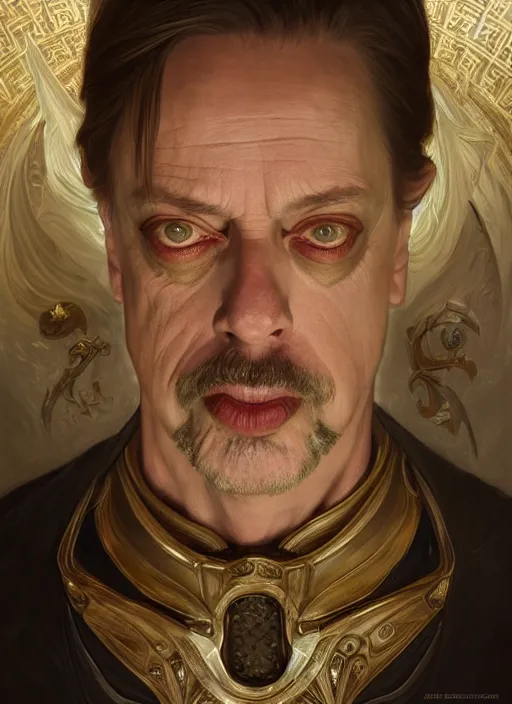 Image similar to symmetry!! portrait of steve buscemi, fantasy, medieval wear, intricate, elegant, highly detailed, digital painting, artstation, concept art, smooth, sharp focus, illustration, art by artgerm and greg rutkowski and alphonse mucha