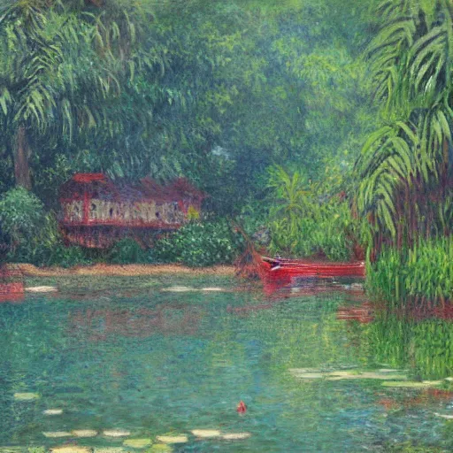 Image similar to small lakefront jungle fishing town, matte painting, trending on artstation, style of Monet, van rysselberghe