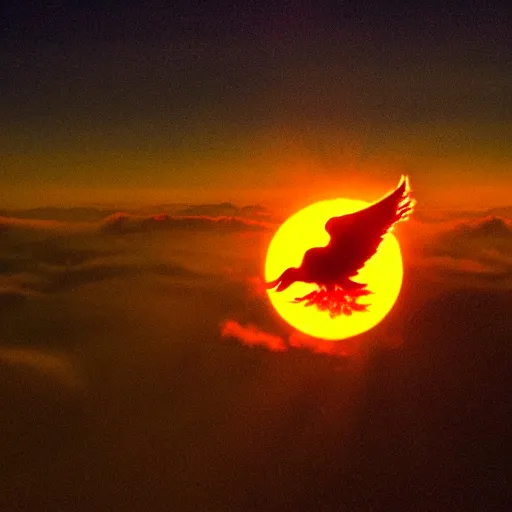 Image similar to a phoenix rising above the clouds with a fiery sun burning all around it brightly lit.