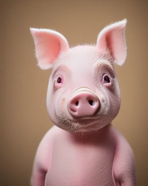 Prompt: A studio portrait of the cutest pink piglet you\'ve ever seen, highly detailed, bokeh, 90mm, f/1.4