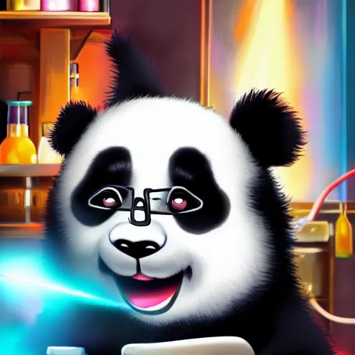 Prompt: panda mad scientist mixing sparkling chemicals, artstation