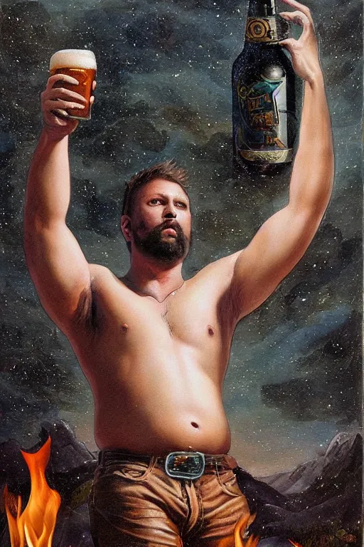 Prompt: a dramatic, epic, ethereal painting of a handsome thicc shirtless cowboy with a beer belly wearing a large belt and leather pants | background is a late night campfire with food and jugs of whisky | homoerotic | fire, flames, stars, tarot card, art deco, art nouveau, mosaic, intricate | by Mark Maggiori | trending on artstation