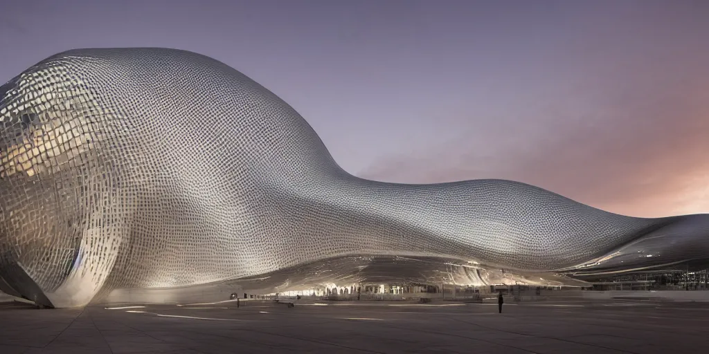 Image similar to extremely detailed ornate stunning sophisticated beautiful elegant futuristic museum exterior by Zaha Hadid, stunning volumetric light, stainless steal, concrete, translucent material, beautiful sunset, tail lights