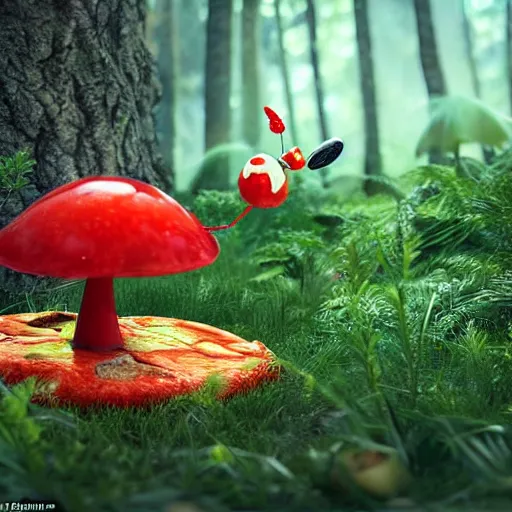 Image similar to a nature photo of a cute, adorable, fury monster eating bugs for lunch while sitting on a red mushroom in the fantasy forest, in the style of Pixar, extremely detailed, wide shot, sharp and detailed, Octane render