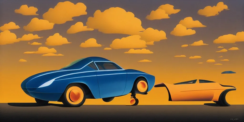 Image similar to futuristic car, blue sky, summer evening, kenton nelson