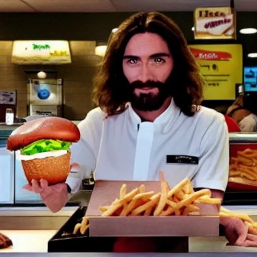 Image similar to Jesus working the counter at McDonald’s real photo