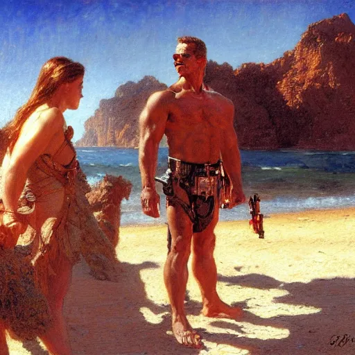 Image similar to detailed cinematic shot of the terminator on the mediterranean beach, spring light, painting by gaston bussiere, craig mullins, j. c. leyendecker