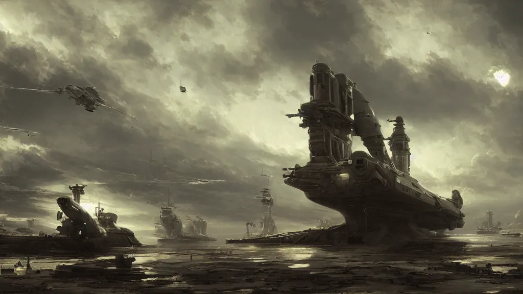 Image similar to worn spaceship docked at the glorious empire's largest orbital station. andreas achenbach, artgerm, mikko lagerstedt, zack snyder