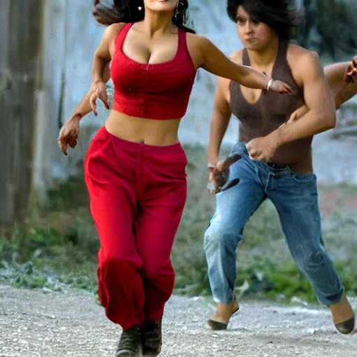 Prompt: salma hayek running from the border full of beans