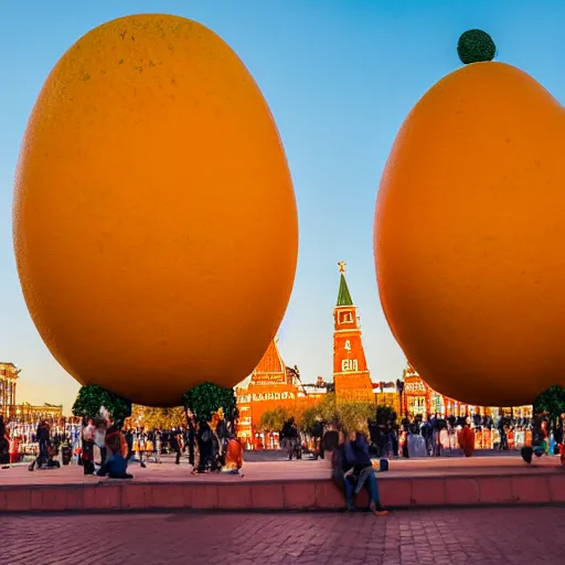 Image similar to symmetrical photo of giant mango sculpture on red square, super wide shot, bokeh, golden hour