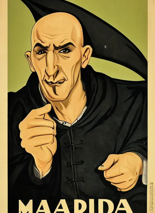 Image similar to portrait of glamorous bald medieval man with big nose and annoyed gesture,look of hate, threatening pose, 1940s propaganda poster, full hd,highly detailed