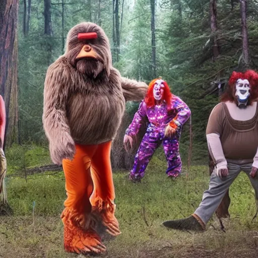 Image similar to bigfoot hunting a group of clowns that are in a circus