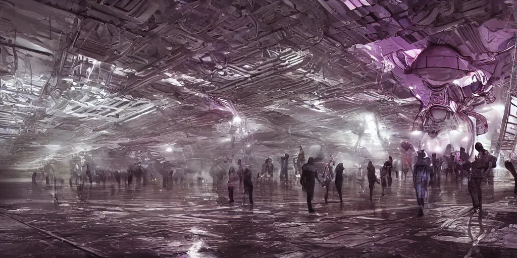 Image similar to sci - fi alien squad in wet cloaks, infiltrating on the ceiling of the mega - structure facility at midnight storm, lightning, digital art