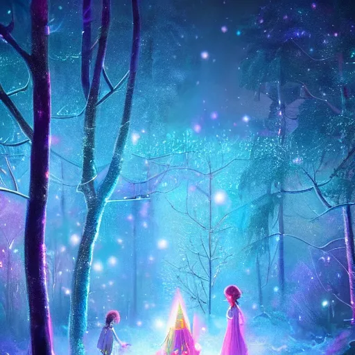 Prompt: beautiful picture of a magical lights and fireflies glowing with different colours everywhere in a blizzard in an enchanted beautiful forest, fantasy art, trending on artstation, cgsociety, nice composition, great fantasy mood