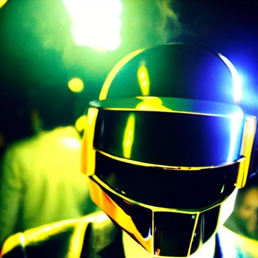 Prompt: daft punk djing at a huge rave with lots of people, chromatic aberration, 8 0 s film, bokeh depth of field