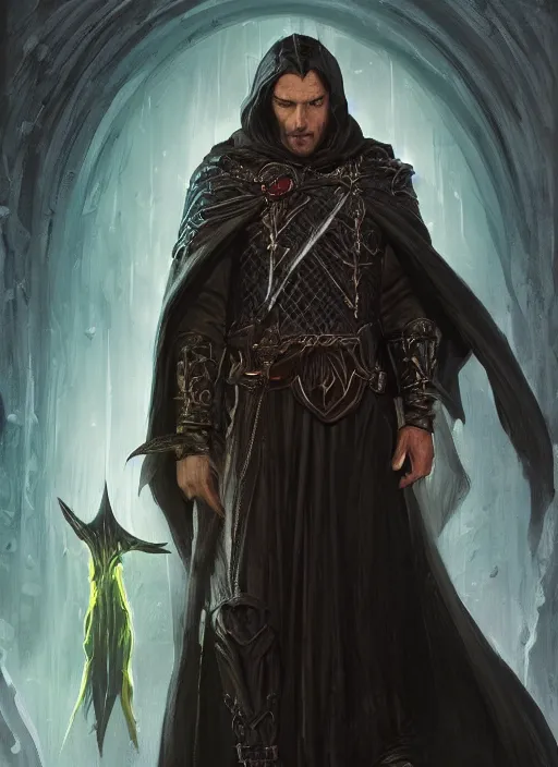 Image similar to dark black cloak male priest, ultra detailed fantasy, dndbeyond, bright, colourful, realistic, dnd character portrait, full body, pathfinder, pinterest, art by ralph horsley, dnd, rpg, lotr game design fanart by concept art, behance hd, artstation, deviantart, hdr render in unreal engine 5