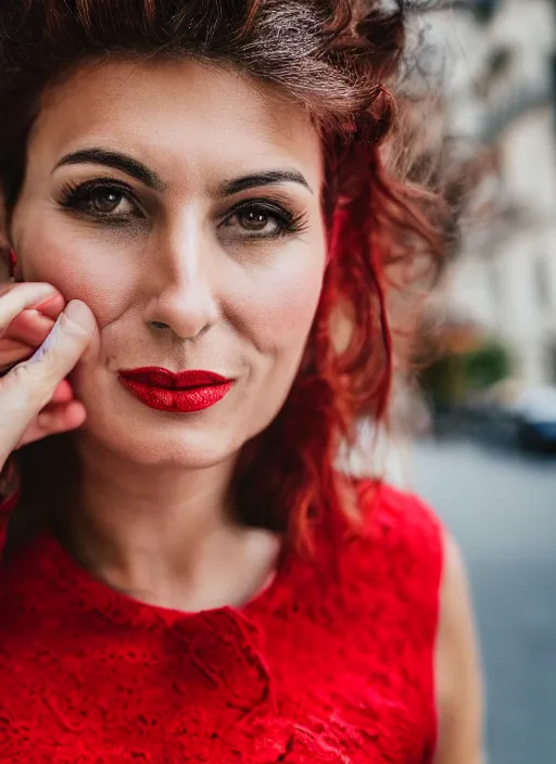 Prompt: color portrait of a beautiful 35-year-old Italian woman, wearing a red outfit, candid street portrait in the style of Mario Testino close up, detailed, award winning, Sony a7R
