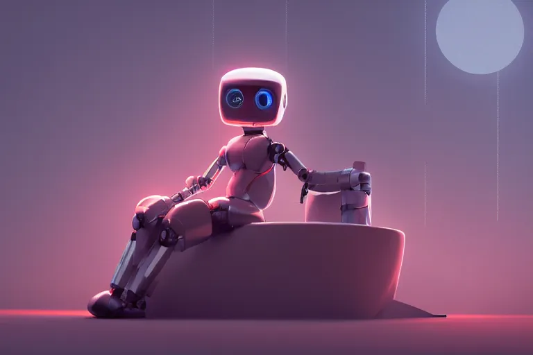 Image similar to a cute robot girl sitting on a bug relaxing, misty, digital art, hazy, foggy, red lighting, ambient lighting, 8 k,