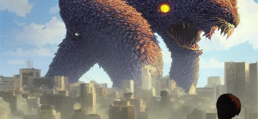 Prompt: a giant kaiju cat destroying the city, digital painting masterpiece, by ilya kuvshinov, by frank frazetta, by mœbius, by reiq, by hayao miyazaki, intricate detail, beautiful brush strokes, advanced lighting technology, 4 k wallpaper, interesting character design, stylized yet realistic anatomy and faces, inspired by kill bill animated scene