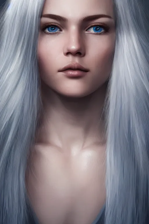 Image similar to ultra realistic facial portrait of a beautiful nordic woman, blue eyes, white hair, digital art, character portrait, highly detailed, trending on artstation, lens flare, atmosphere, hyper realistic, cinematic lightning, sharp focus, unreal engine 5, extreme details perfect face, pretty face, fine - face, illustration, 8 k, ultra texture, masterpiece