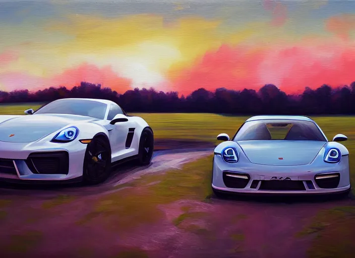 Image similar to cinematic fast sportscar that has front of porsche and back of lada in a lush field, shiny, oil on canvas, beautiful lighting, photorealistic, sharp, sunset, by scott robertson