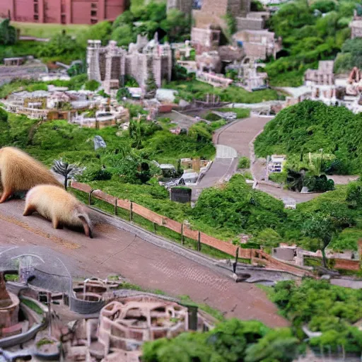 Image similar to A very oversized capybara is sitting on the middle of a miniature city. Shot from far away, detailed.