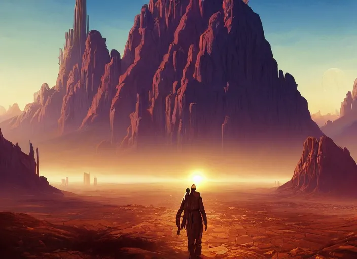 Image similar to science fiction wallpaper, pc game, point - and - click adventure, daedalic entertainment, desert with city in the skyline, two suns, purple orange colors, sharp focus, illustration, highly detailed, digital painting, concept art, matte, art by wlop and artgerm and greg rutkowski and alphonse mucha, masterpiece