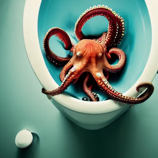 Prompt: an octopus curled up in a toilet