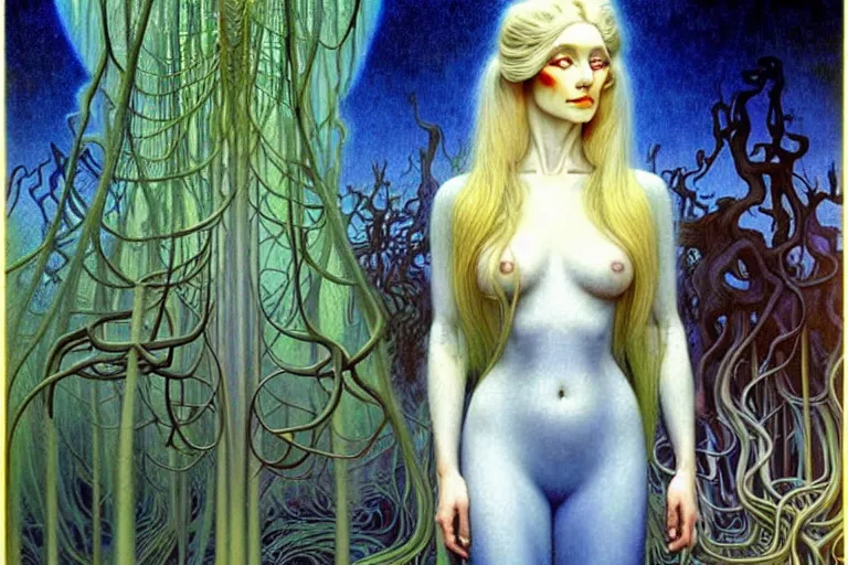 Image similar to realistic detailed portrait painting of a beautiful ghost woman with blond hair with an alien, futuristic sci-fi forest on background by Jean Delville, Amano, Yves Tanguy, Alphonse Mucha, Edward Robert Hughes, Roger Dean, rich moody colours, blue eyes