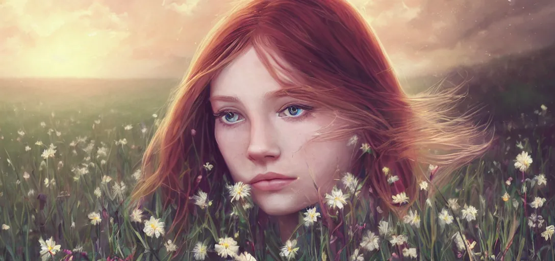 Image similar to a beautiful southern woman named Savannah, innocent, sad turquoise eyes, freckles, long ginger hair tied with white ribbon, relaxed in a field of flowers on a farm, gentle lighting, storm in the distance, somber, western clothing, dress, digital art by Makoto Shinkai ilya kuvshinov and Wojtek Fus, digital art, concept art,