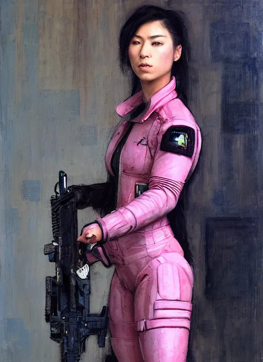 Prompt: Nikki tanaka. beautiful cyberpunk female USN marine wearing a military vest and a pink tactical catsuit (cyberpunk 2077, bladerunner 2049). gorgeous face. Iranian orientalist portrait by john william waterhouse and Edwin Longsden Long and Theodore Ralli and Nasreddine Dinet, oil on canvas. Cinematic, hyper realism, realistic proportions, dramatic lighting, high detail 4k