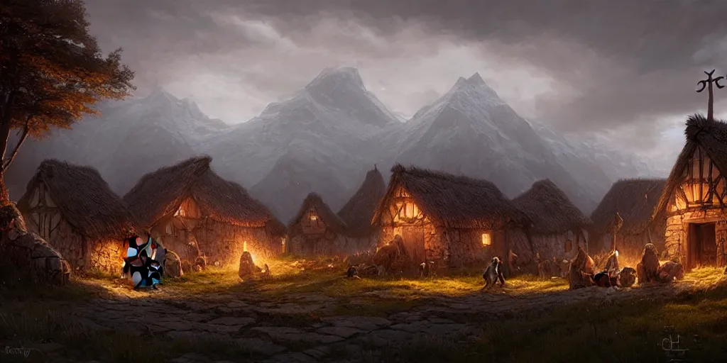 Image similar to beautiful viking village, digital art, landscape, fantasy art, octane render, ureal engine, high detail, very realistic, by greg rutkowski. by james gurney