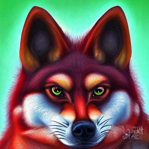 Image similar to zoomorphic a red face wolf, pepe the frog like face, digital painting, ultra sharp, by gary cook