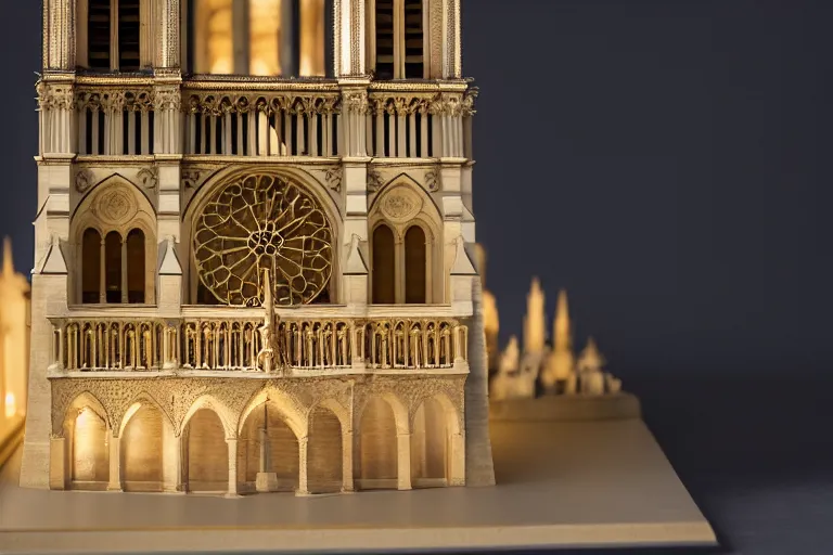 Image similar to paper model of the Notre Dame, hyperrealistic, very fine details, studio light, 8K, product photo, spotlight