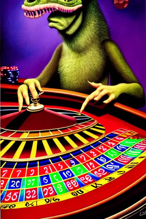 Prompt: a hyperrealistic painting of a chimeric creature playing roulette at the casino, cinematic horror by chris cunningham, lisa frank, richard corben, highly detailed, vivid color,