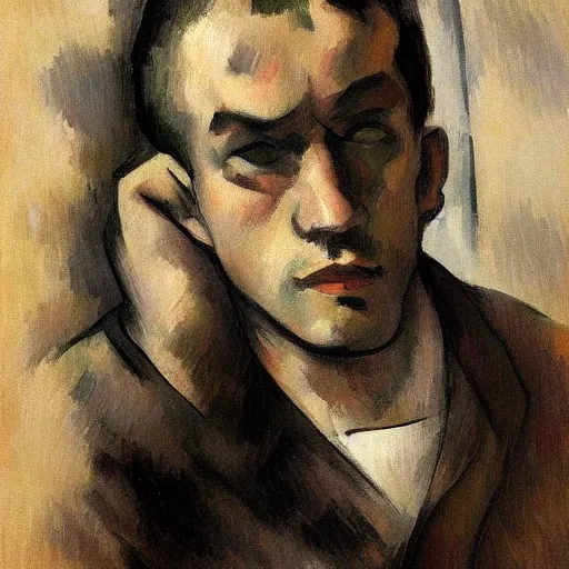 Prompt: A sad, melancholic, expressionless face that is trying to hold in anger, male face, tears, dark aesthetic, can\'t escape the sad expression, digital, realistic eyes, trending on artstation, art by Paul Cezanne