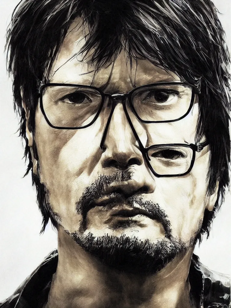 Prompt: “A centered portrait painting of hideo kojima by yoji shinkawa, trending on art station, metal gear solid”