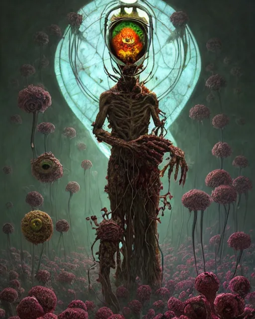 Image similar to the platonic ideal of flowers, rotting, insects and praying of cletus kasady carnage thanos davinci dementor wild hunt chtulu mandelbulb rick and morty doctor manhattan bioshock, caustic, ego death, decay, dmt, psilocybin, concept art by randy vargas and greg rutkowski and zdzisław beksinski